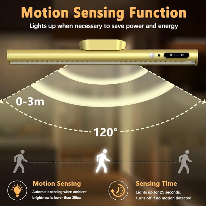 Battery Powered Operated Wall Strip Light with Motion Sensor | LED Light Bar, Rechargeable Magnetic Under Cabinet Lighting Wireless with Remote Control for Desk Mirror Closet Gold