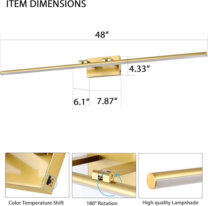 LED Bathroom Vanity Light, Modern Bathroom Light Fixture Over Mirror (3000K/4000K/6000K, Dimmable), Vanity Light Bar with Angle Adjustable, 48 Inch, Brass