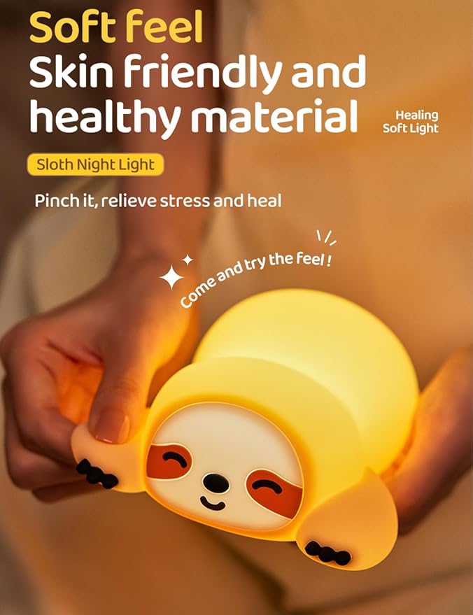 Cute Sloth Night Light, Squishy Sloth Novelty Animal Lamp, 3 Level Dimmable Nursery Nightlight with Timer, Food Grade Silicone Touch Night Light Fun Gifts for Kids Boys Girls Baby