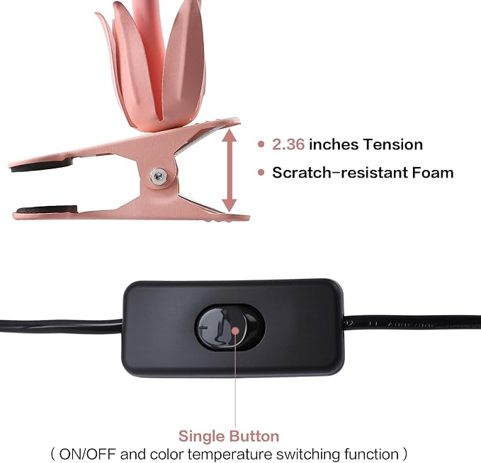 Clip On Light and Flower Bedside Table Lamp, Flexible Gooseneck Reading Book Light with 3 Color Modes, Night Light for Kids Nursery, Clip on for Desk, Bed Headboard, Dorm (Pink)