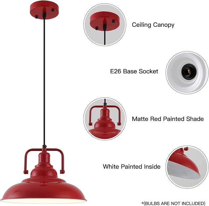Red Farmhouse Pendant Lights 3 Packs, Metal Pendant Lights Kitchen Island, Industrial Pendant Light, Hanging Island Pendant Light, Barn Light for Kitchen, Living Room, Bedroom, Hallway