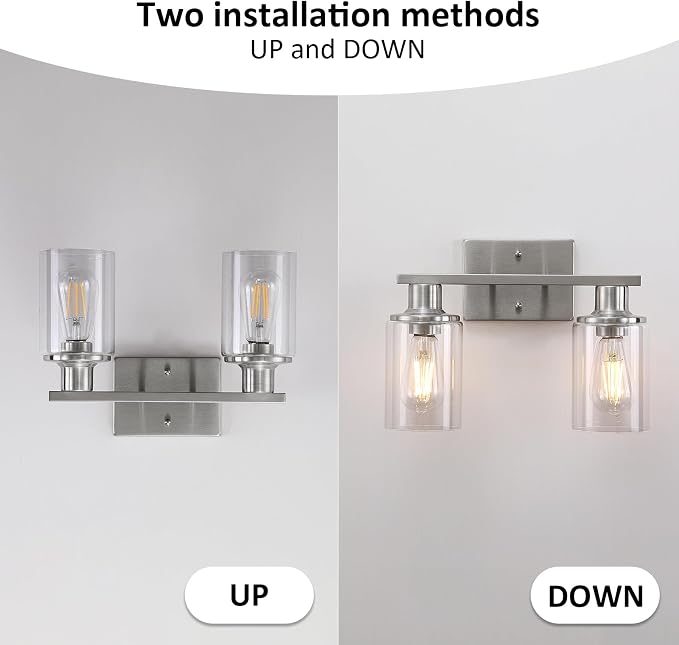 Brushed Nickel Bathroom Light Fixtures Over Mirror,2-Light Bathroom Vanity Light with Clear Glass Shade,Modern Farmhouse Wall Sconces Lighting for Mirror Kitchen Living Room Cabinet