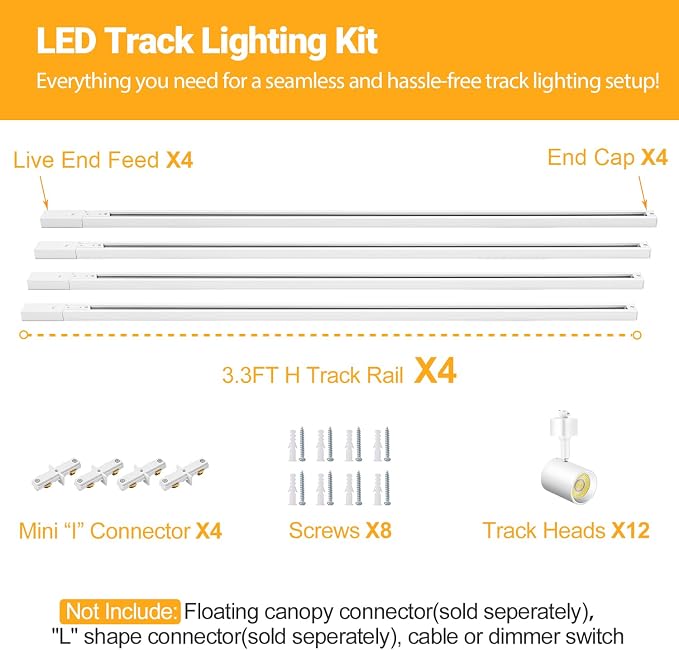 VANoopee 5-Color 12-Light LED Track Lighting Kit with 13FT Rails, 10W White | H Type Track Lighting, LED Track Light Heads Dimmable Modern Kitchen Track Lighting Fixtures Ceiling Spotlight, CRI90+ 800lm