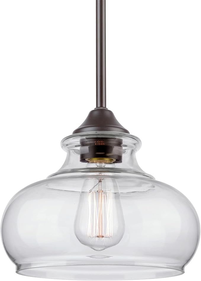 Kira Home Harlow 9" Modern Schoolhouse Pendant Light for Ktichen Island | Clear Glass Shades, Industrial Farmhouse Hanging Fixture, Classic Oil Rubbed Bronze Finish