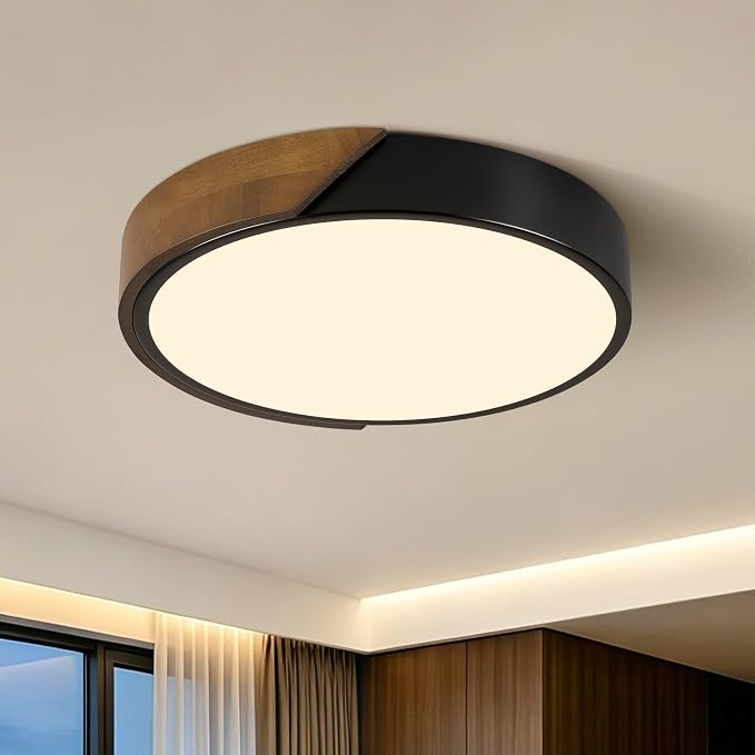 Modern LED Ceiling Light, Brown Walnut Wood Flush Mount Ceiling Light Fixture, Dimmable 5CCT Minimalist Circle Lighting Lamp with Acrylic Lampshade for Bedroom Laundry Room Hallway 11.8"