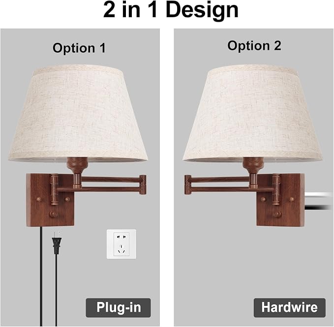 TRLIFE Wall Sconce Plug in, Remote Control Dimming 10-100% and Adjustable Color Temperature 2700K-6500K Swing Arm Wall Lights with Plug in Cord, 11.8" Large Beige Fabric Shade(2 Pack, Walnut Color)