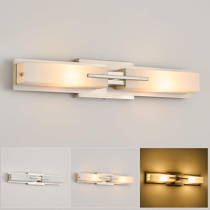VitaLink 24” Bathroom Vanity Light, Satin Nickel 2-Light Frosted Glass Wall Lights for Bathroom Hardwired Wall Mount Lighting Fixtures for Living Room Bedroom E12