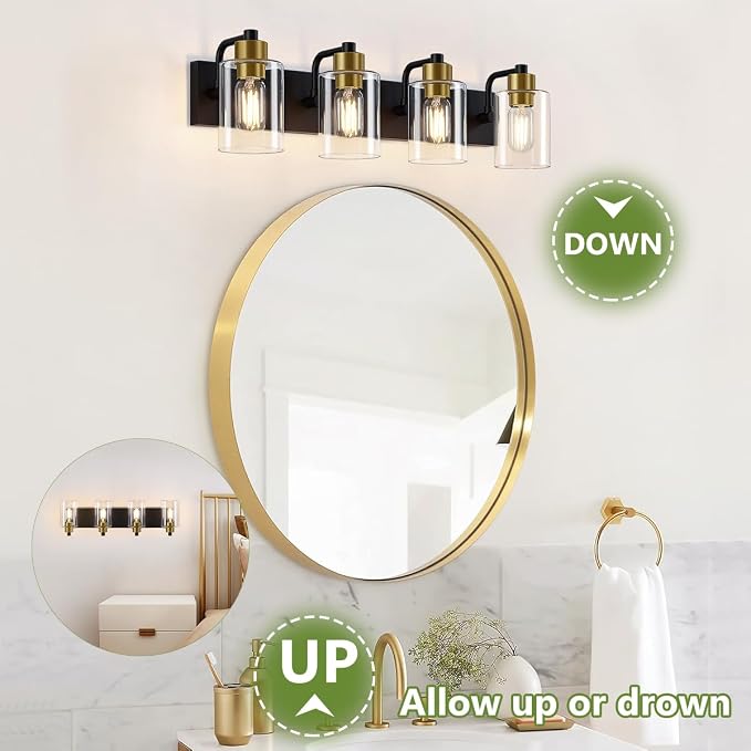 Dpyrrhic Bathroom Light Fixtures,Matte Black and Gold 4-Light Bathroom Lights with Clear Glass Shade,Modern Wall Sconces Over Mirror for Bathroom