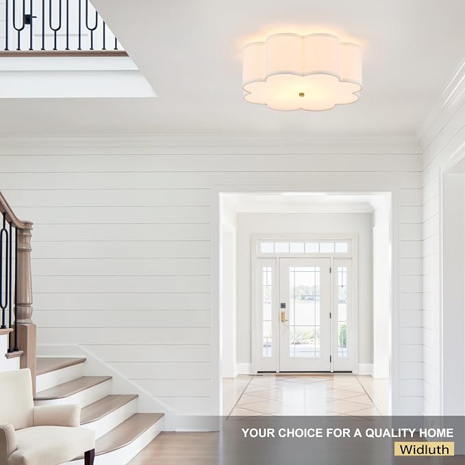 17.72" Gold Drum Ceiling Light, 3-Light Semi-Flush Mount | Linen Drum Shade, Gold Metal Frame, Modern Design for Laundry Rooms, Kitchens, Basements, and Bedrooms; E26 Base