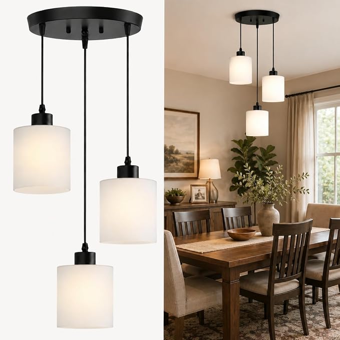 3 Light Pendant Lighting, Farmhouse Hanging Light Fixture for Kitchen Island & Dining Room, Industrial Vintage Ceiling Lamp with E26 Base, Adjustable Height, with White Glass 4.7" Shades