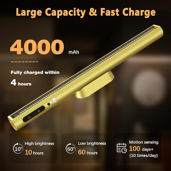 Battery Powered Operated Wall Strip Light with Motion Sensor | LED Light Bar, Rechargeable Magnetic Under Cabinet Lighting Wireless with Remote Control for Desk Mirror Closet Gold