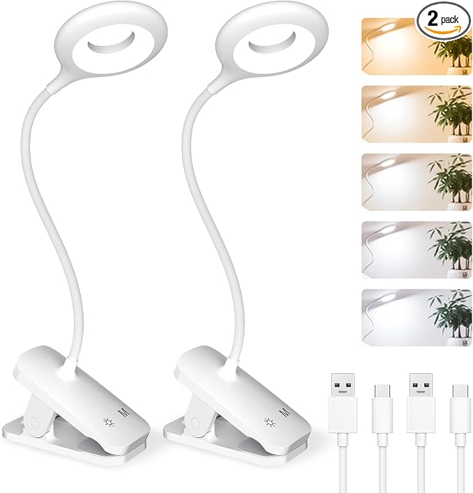 CUHIOY 2Pack Rechargeable Clip on Reading Light for Bed Headboard, White | 5 Colors 5 Brightness Bed Light, Battery Flexible Arm Table Lamp with Clamp, Flicker-Free LED Book Light at Night, Crafting