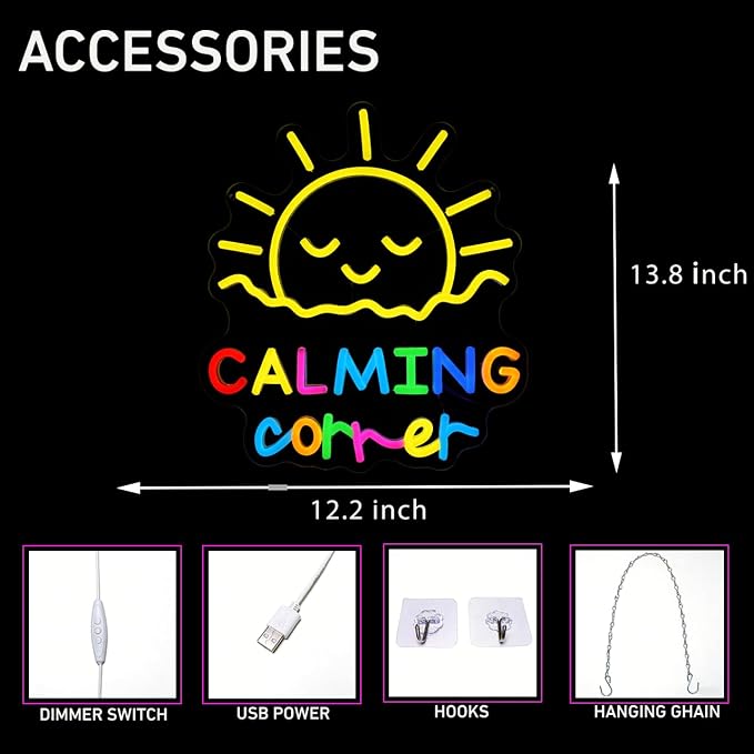 Calming Corner Neon Sign Sun Calm Down Led Neon Light for Wall Decor, Dimmable Colorfu Signs for Library Classroom School Office Nursery Decoration, USB Powered 13.8"x12.2"