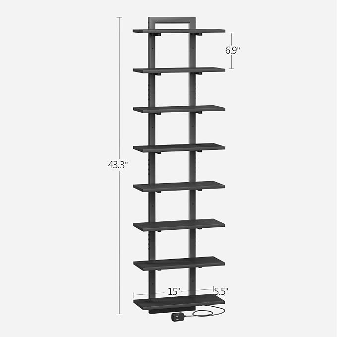 8 Tier Wall Shelf Unit Floating Shelves with LED Light, Vertical Wall Shelf, Wall Mounted Display Shelf for Living Room, Bedroom, Vanity, 15" W x 5.9" D x 58.3" H, Black