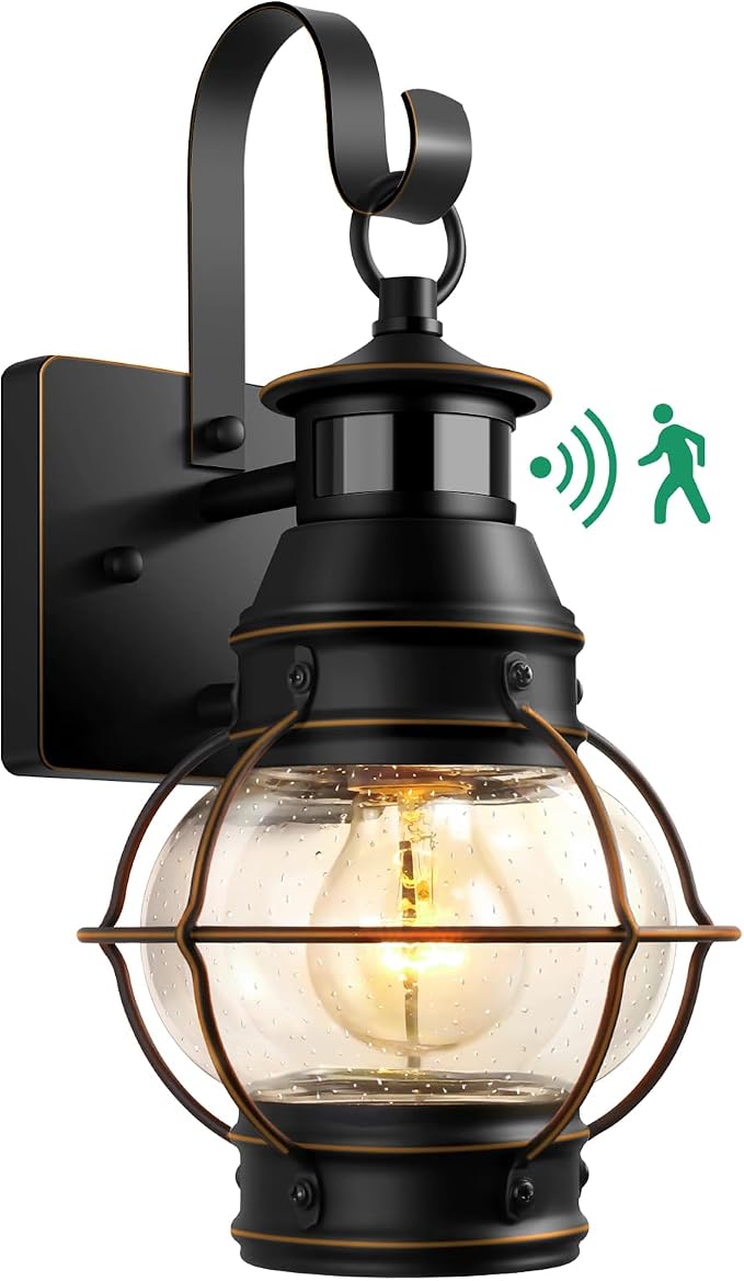 Lamomo Black Outdoor Light,Exterior Front Porch Lights for House,Dusk to Dawn Motion Sensor Lights,Waterproof Anti-Rust Wall Mount Lantern for Outside,Garage(NO Bulb)