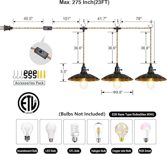 3-Light Plug in Pendant Light Fixtures Chandelier | Switch 22FT Industrial Ceiling Hanging Lamp Cord Farmhouse Cable DIY Including DIY Lotus lampshade