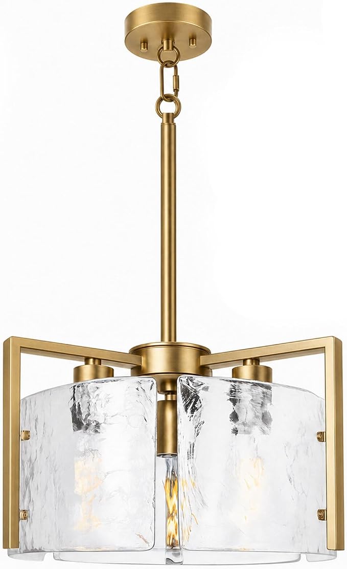 14.2 Inch Gold Chandeliers for Dining Room, Adjustable Height | 3-Light Vintage Entryway Light Fixture, Glass Pendant Lights for Kitchen Island Foyer Bedroom Bathroom