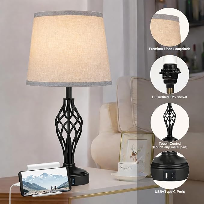 Ruiever Touch Table Lamps Set of 2, nightstand lamp with USB Ports Bedside 3 Way Touch dimmer Desk lamp for Living Room Bedroom,Black Painted Spiral cage Base Design Warm White dimmer Bulbs Included.