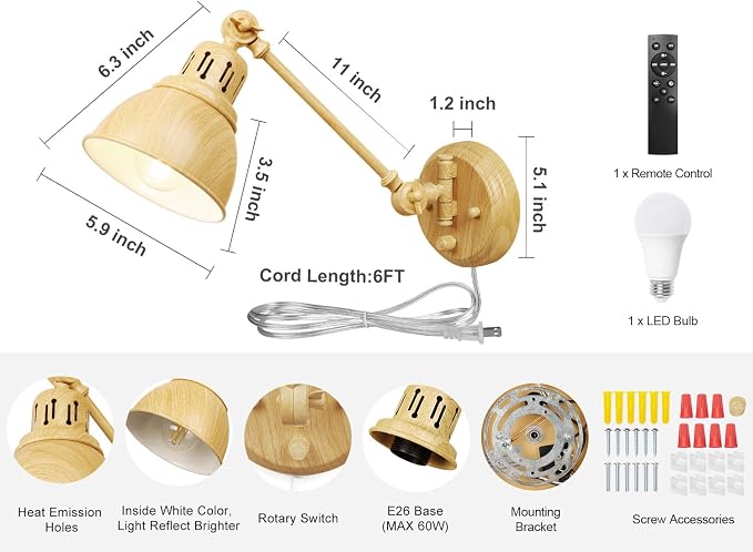 GOODATE 1 Pack Plug in Wall Sconce with Remote Control, Dimming, Adjustable Colors 2700K-6500K, Plug in Wall Light, Swing Arm Wall Lamp with Night Light & Timer, LED Bulb Included, Oak Finish