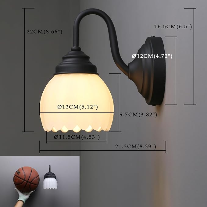 Phansthy Vintage Brass Boho Wall Sconces, Hardwired Wall Lights with Tulip Glass Lampshade, Brass Vanity Lamp Modern Wall Lighting Fixtures for Bedroom, Living Room, Hallway (Black + White Shade)