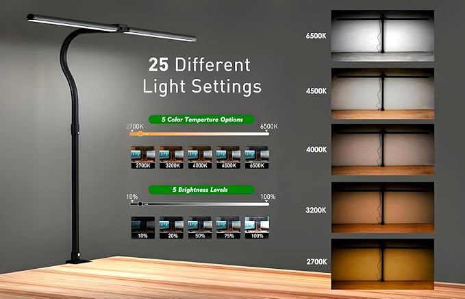LED Desk Lamp with Clamp, Dimmable Gooseneck Task Light for Home Office, Eye-Caring Study Lamp, Adjustable Clip-On Light for Workbench & Small Desk – Black