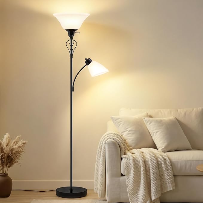 Floor Lamps for Living Room, 70" Tall Torchiere Floor Lamps, Plastic Shade | Tall Lamp with Adjustable Gooseneck Reading Light, Modern Corner Standing Lamp for Bedroom, Office, Separate On/Off Switch