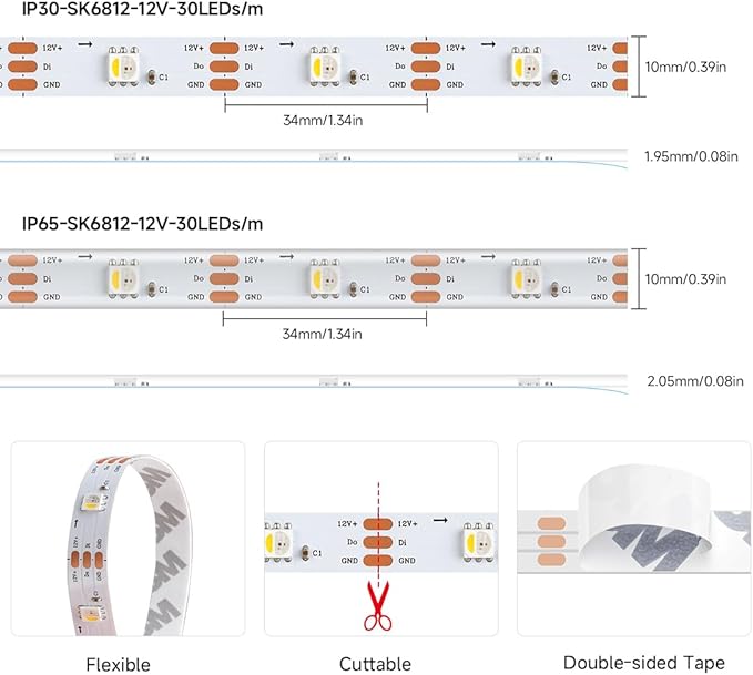 BTF-LIGHTING SK6812(Similar WS2812B) UL Listed RGBW RGB+Warm White(3000K) Individually Addressable DC12V 16.4FT 30LED/m 4 Colors in 1 Light Dream LED Strip IP65 White PCB(No Adapter or Controller)