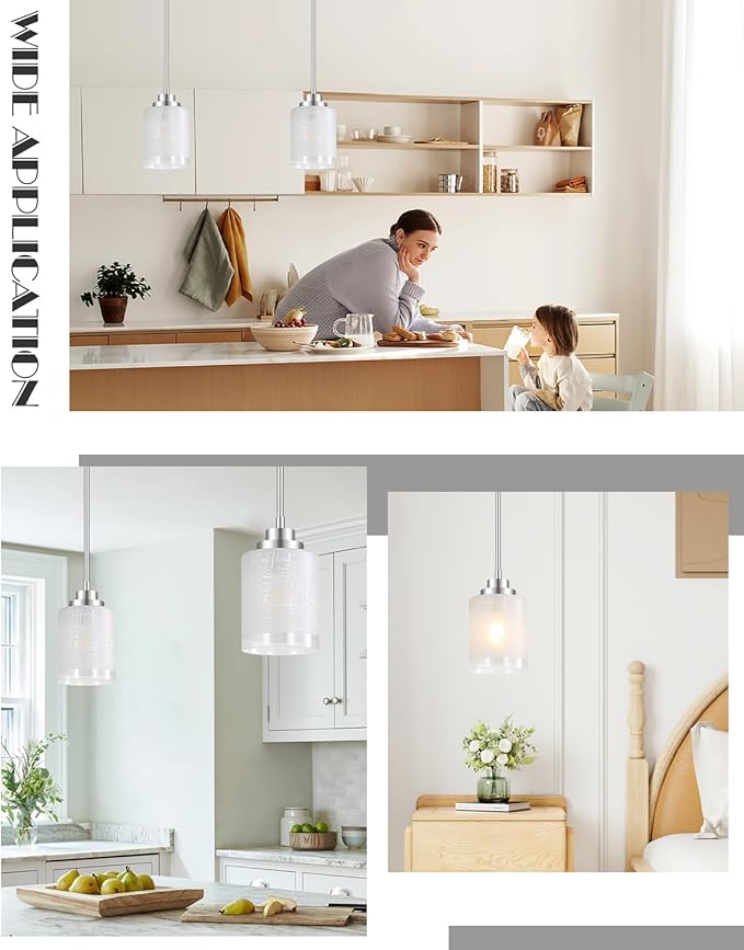 Cerdeco Modern Glass Pendant Light 2 Pack with Linen Frosted Glass Shade,Height Adjustable Hanging Pendant Lighting,Kitchen Island Lighting,Brushed Nickel Finish,UL Listed