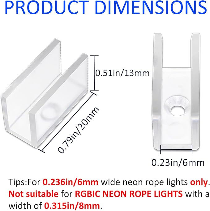 Neon Rope Light Mounting Brackets, 100PCS Install Fixing Clips Accessories for 6x12mm Silicone LED Flex Strip Lighting, DIY (100 Screws, 100 Clips)