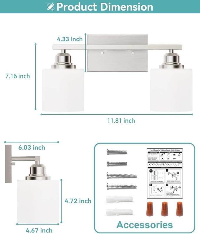 Bathroom Light Fixtures 2-Light, Brushed Nickel Vanity Lights Fixtures, Modern Bathroom Vanity Light Over Mirror, Milky White Glass Shade & Anti-Rust Nickel Finished, Small Bathroom Light