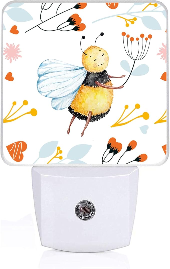 Watercolor Bee Night Light, Plug-into Wall Flower Floral Nightlight Lamp with Dusk to Dawn Sensor, Led Lamp 0.5W Energy Efficient for Boys Girls Adults Home Decor