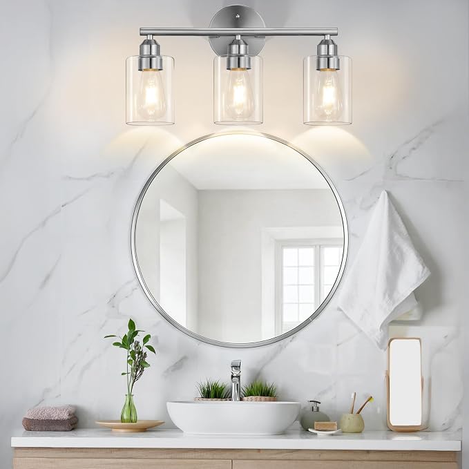 3-Light Bathroom Vanity Light Fixture,Silver,17.3" | Modern Wall Lamp for Mirror, Clear Glass Shade
