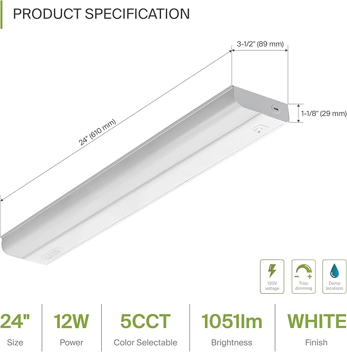 ASD 24 Inch Hardwired LED Under Cabinet Light, On/Off & 5CCT Switch 2700K-5000K, 12W 1051LM CRI90+, Direct Wire Low Profile Linkable Fixture, Dimmable Under Counter Kitchen Lighting, White, UL