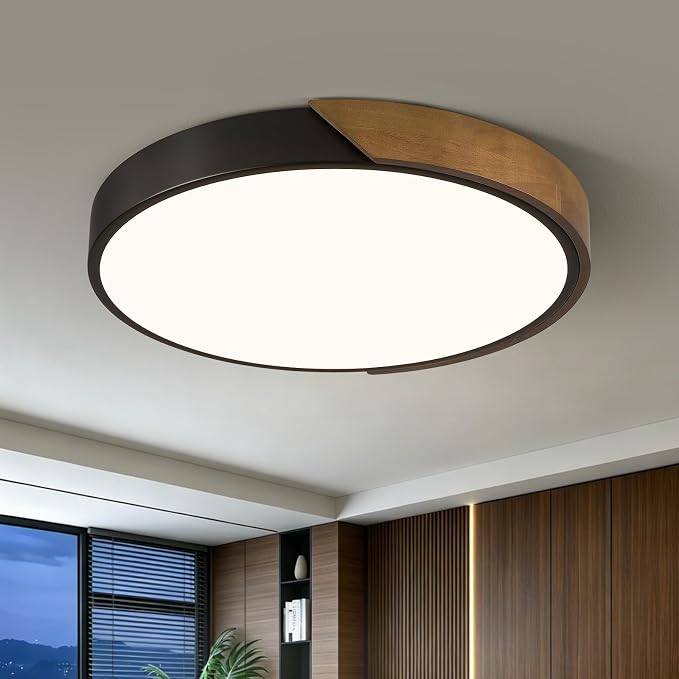 Modern LED Ceiling Light, Brown Walnut Wood Minimalist Flush Mount Ceiling Light Fixture, 4000K Not Dimmable, Circle Lighting Lamp with Acrylic Lampshade for Bedroom Hallway Laundry 15.8"