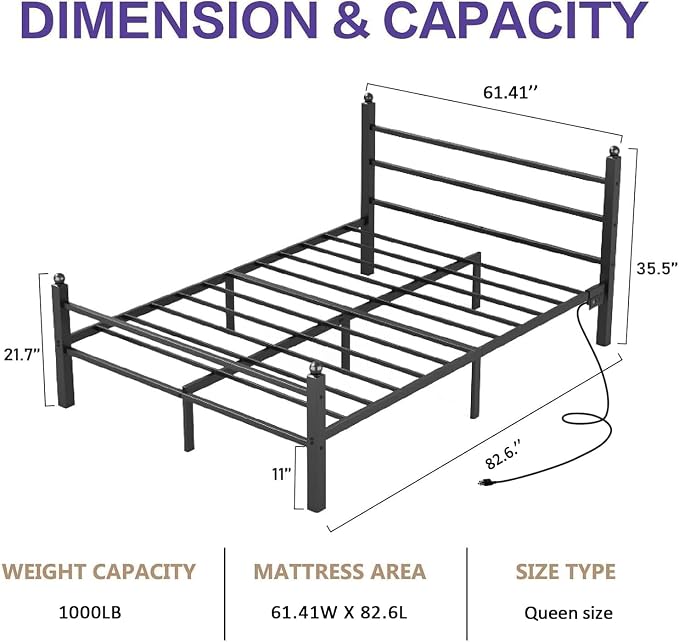 CollaredEagle Queen Bed Frame with LED Lights and Charging Station, Black | Queen Size/ Metal Frame/ Built-in Charging Station/ RGB LED Lights/ Noise-Free/ 10.8 inch Under-Bed Storage