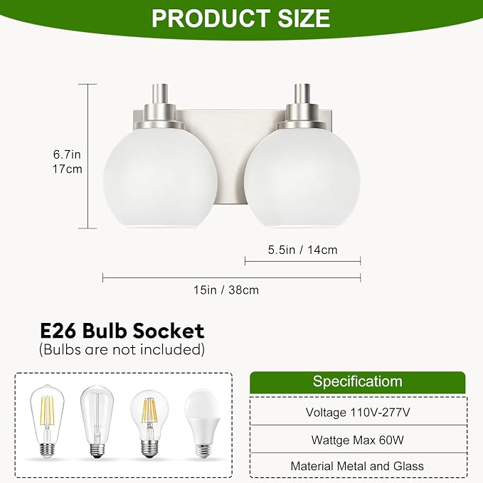 IZORRO Bathroom Light Fixtures, 2-Light Brushed Nickel Vanity Light, Modern Wall Sconces with Globe Milk White Glass Shade, Vanity Lighting Fixtures Over Mirror,E26 Bulb Socket