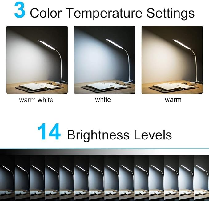 LED Desk Lamp, 5W USB Clip on Light Eye-Caring Reading Clamp Table Lamp with 48 LEDs Flexible Neck, 3 Color Modes and 14 Brightness Levels for Office Bedroom Study (Black)