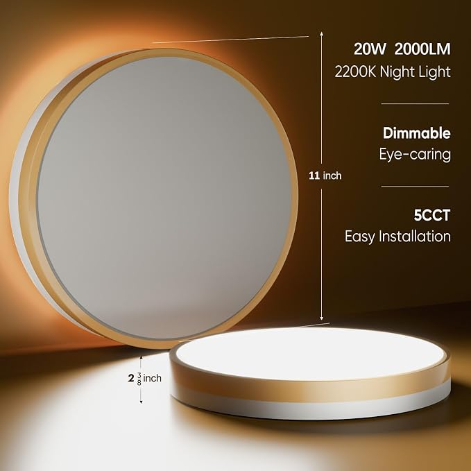 11 Inch Flush Mount Ceiling Light with Remote Control & Night Light, 5CCT Dimmable Ceiling Light Fixture, 20W 2000LM 2700K-6500K Adjustable LED Ceiling Lights for Bedroom Kitchen, White Gold