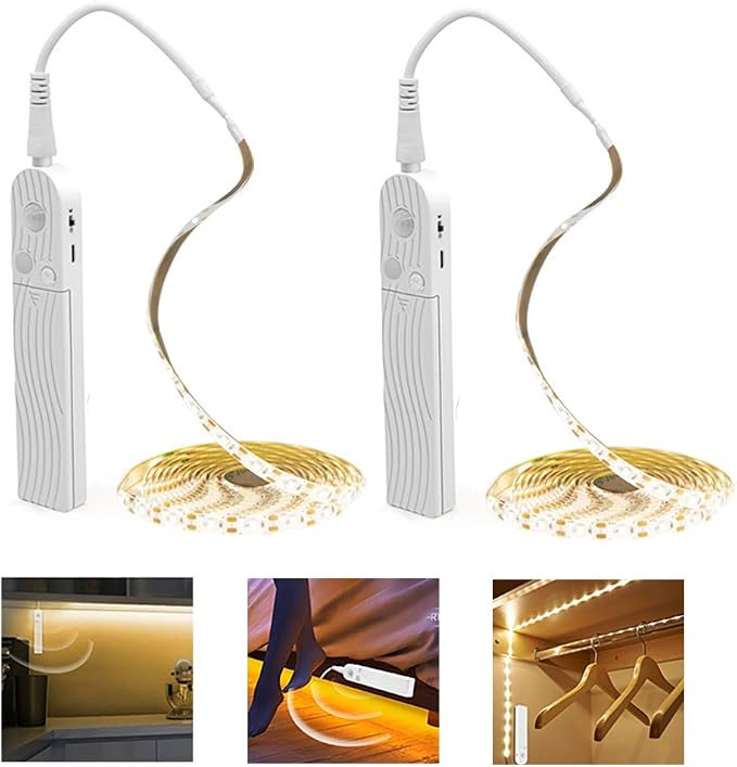 Under Cabinet Lights, 3M/10FT LED Bed Stairs Wardrobe Strip Lights Motion Sensor, 5V USB & Battery Powered Closet Night Tape Lights Four Modes, Waterproof - Warm White, 3M x 2 Pack