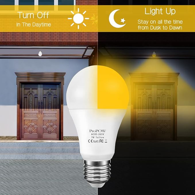 Amber Yellow LED Light Bulb, 7W Dusk to Dawn Bulbs 40W Equivalent A19 Auto on/Off LED Bulbs Outdoor Lights 580 Lumens Porch Lights(Non-Dimmable,E26,2200K,2 Pack)