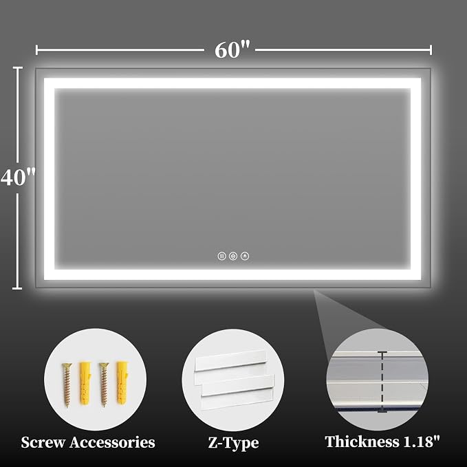 60"x40" LED Bathroom Mirror with Lights, Backlit+Frontlit, Anti-Fog | CRI 95, Stepless Dimmable, 3 Colors Lighting, Shatterproof Tempered Glass, HD Reflection, Memory, (Horizontal/Vertical)