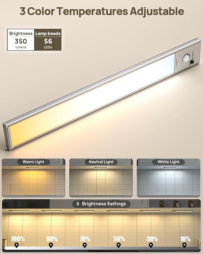 8 Pack Under Cabinet Lighting Rechargeable 12” Motion Sensor Light Indoor | 2500mAh Closet Lights Wireless, 3 Color Temps & Dimmable, Timer, Magnetic Under Counter Lights for Kitchen, Wardrobe, Stairs