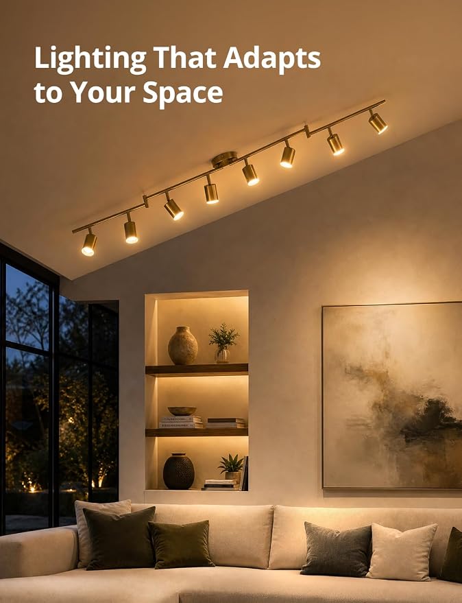 Bojim Gold 8 Light Kitchen Track Lighting Fixtures Ceiling LED Spotlight | Modern Ceiling Light with Acrylic Ring, Flexible Spotlight for Dining Living Bedroom, GU10 Base, Bulbs Not Included