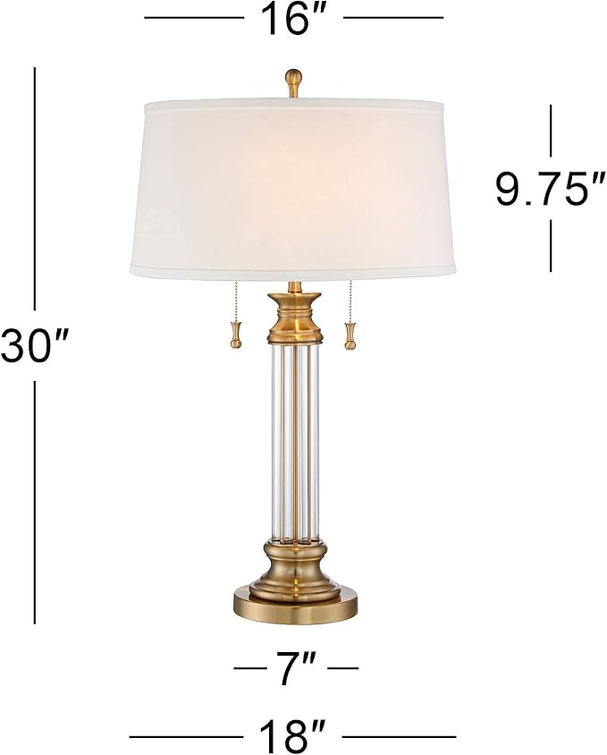 Vienna Full Spectrum Rolland 3-Way Table Lamp with Table Top Dimmer 30" Tall Antique Brass Crystal Column Off White Tapered Drum Shades for Living Room Bedroom House Bedside Nightstand Home Office