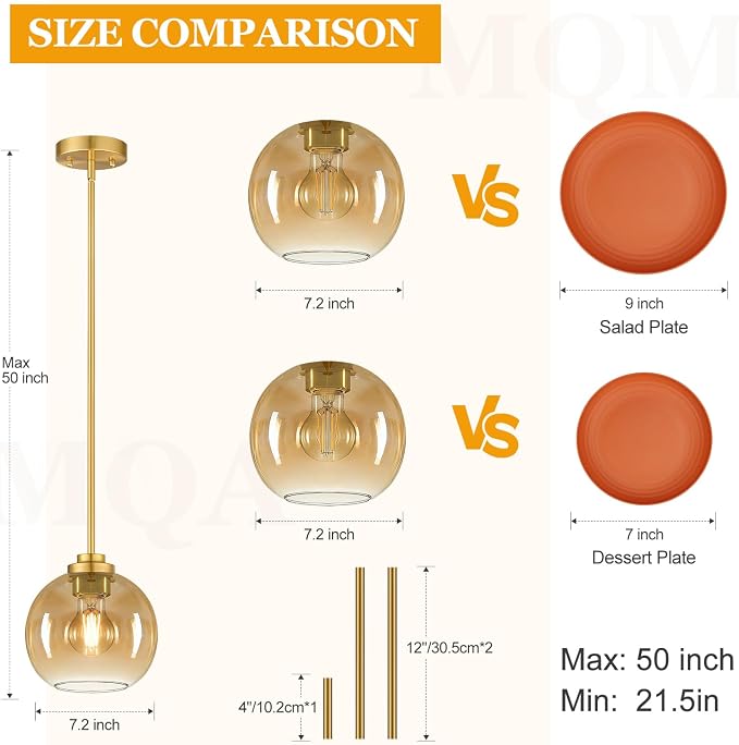 MQMQA 2 Pack Gold Globe Pendant Lights, Mid Century Gold Pendant Light Fixtures, Amber Glass Pendant Lights Kitchen Island Adjustable Hanging Fixture for Dining Room (Bulbs not Included)