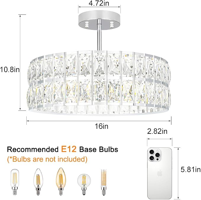 Lxybcce Crystal Ceiling Light Fixture, Modern Chrome Ceiling Light Chandelier, Semi Flush Mount Chandelier Lighting Fixture for Kitchen Entryway Living Room Dining Room, 5-Light, 16 Inch