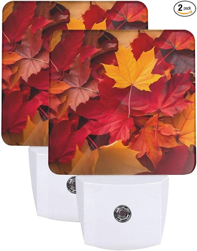 Fall Maple Leaves Night Light Set of 2, Auto Sensor LED Dusk-to-Dawn Nightlights, Plug-in Sensor Lamp for Bedroom Bathroom Kitchen Hallway Stairs Decorative
