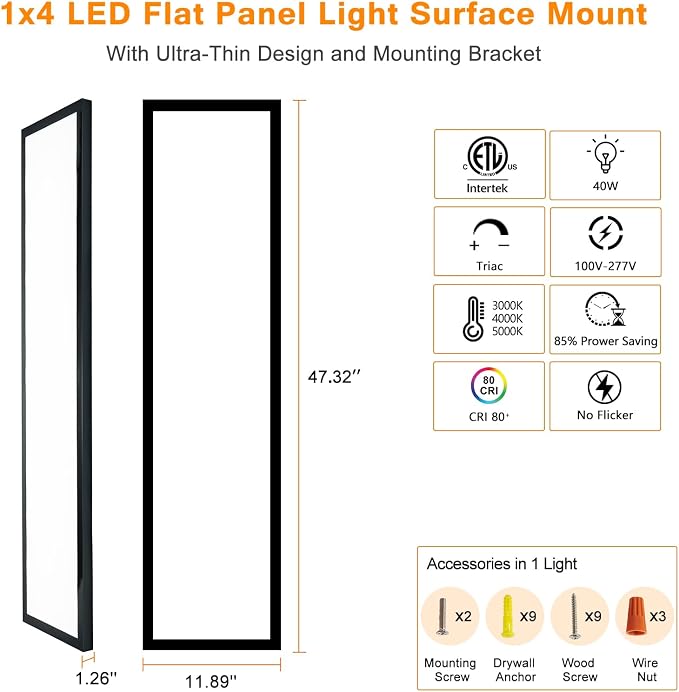 Black 1x4 LED Flat Panel Light Surface Mount 2 Pack | 5000K-4000K-3000K Selectable & Triac Dimmable, Rectangular Flush Mount Ceiling Light for Kitchen Garage, 40W, 100-277V, ETL