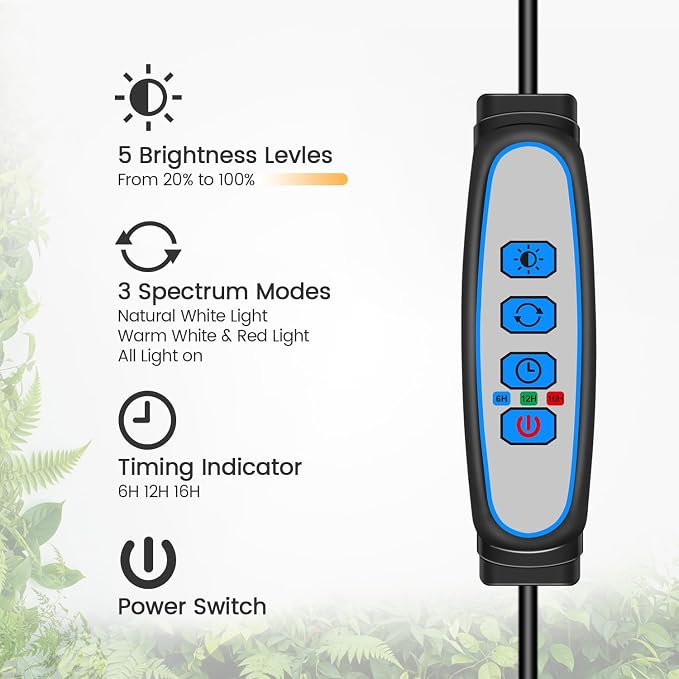 Plant Lights, LED Full Spectrum with Gooseneck & Clip, 3Pack | 6000K Rectangular Grow Lights for Indoor Plants, Timer 6/12/16Hrs, 3 Spectrums, 5 Dimmable Levels, for Pot & Table