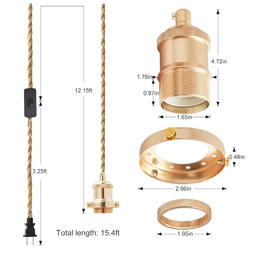 15.4ft Pendant Light Cord Kit, Industrial Vintage Plug in E26 Socket Hanging Light with Switch, Hemp Rope Hanging Light Fixture for Pendant Lamp Farmhouse Lamp Cable DIY